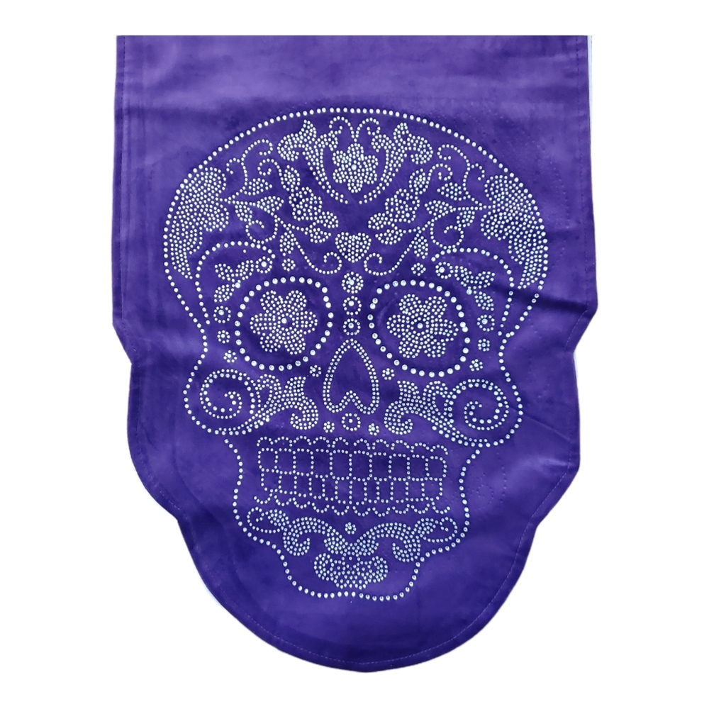 Halloween Goth Purple Velvet Rhinestone‎ Skull Table Runner 14"x72" New Spooky